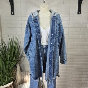 Thrill Jeans Blue Long Button Up Acid Wash Denim Jacket Oversized Medium